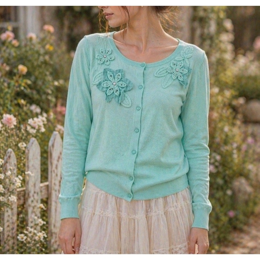 Vintage Caslon Cardigan Sweater Cotton Pastel Aqua Mint Floral Applique BTC Sz M